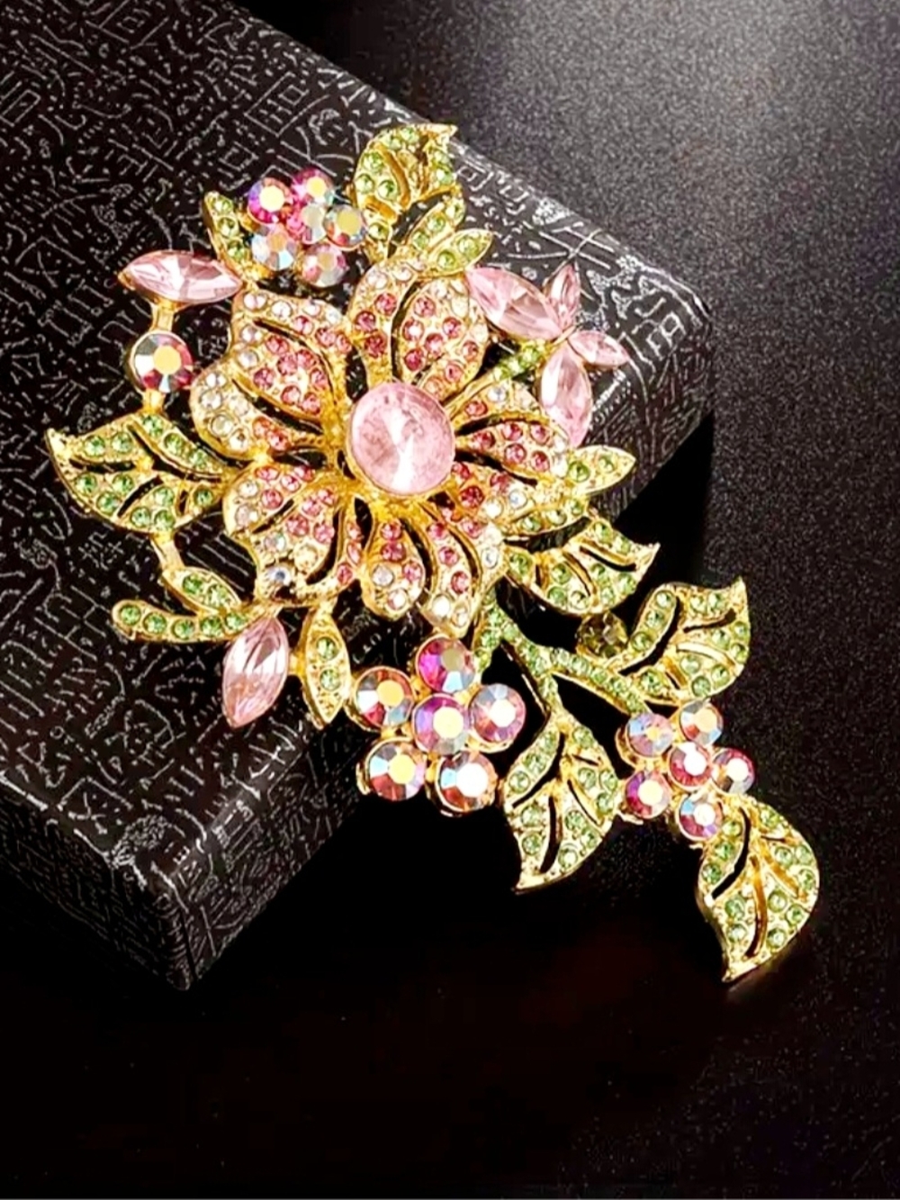 Gold-Tone Pink & Green Crystal Floral Brooch